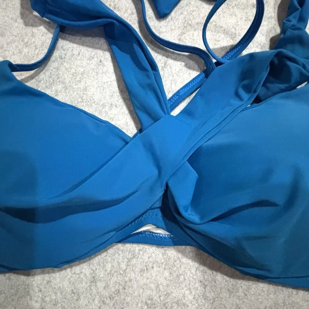 Cupshe Women’s 1X Bikini Swim Top Teal Strappy Tie Back Light Contour Lining